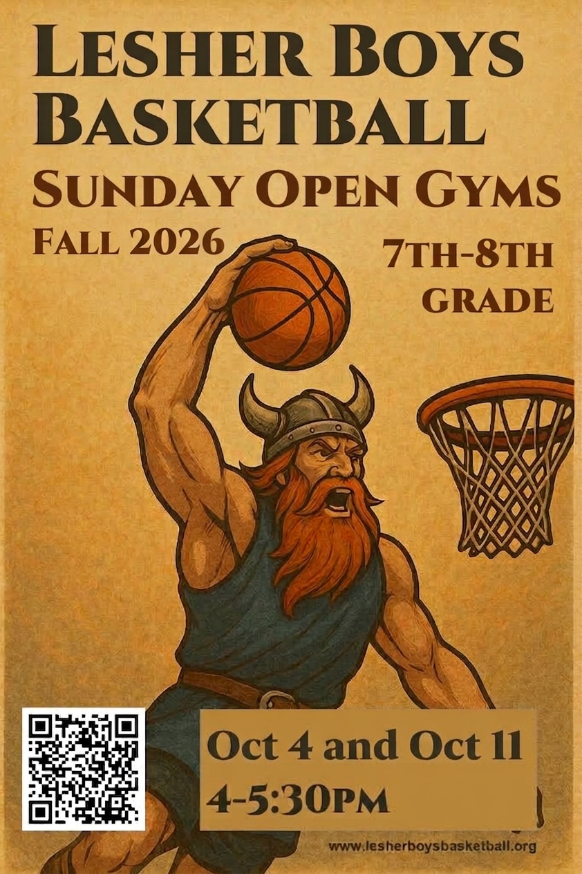 Lesher Boys Basketball Sunday Open Gyms flyer - Oct 4 and Oct 11, 4-5:30pm, 7th-8th grade